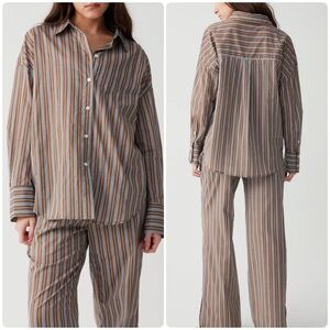 Frankie’s Bikinis Griffin Striped Button Up Shirt Ocean Stone